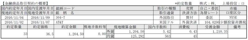 2016年11月2日に購入したT(AT&T)の取引報告書